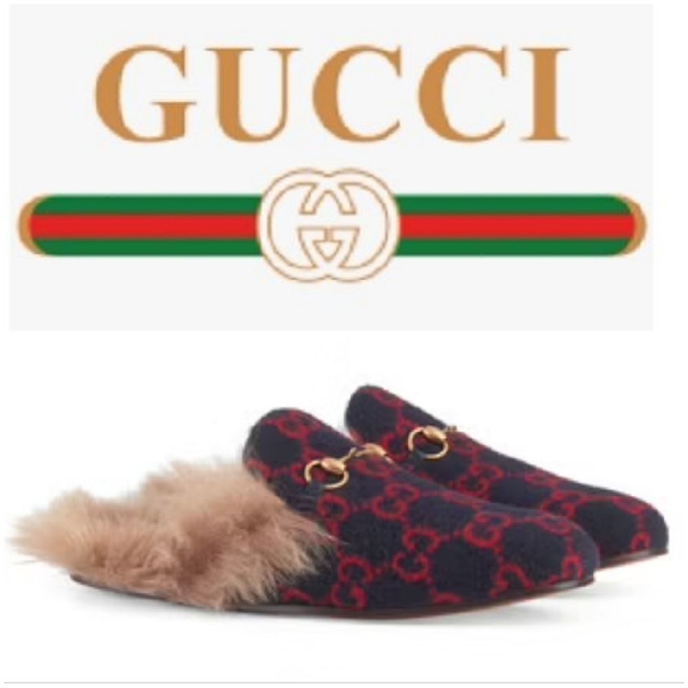 Gucci Women Blue Red & Wool GG Monogram Fur Princetown Mule Slippers 35 - Picture 2 of 16